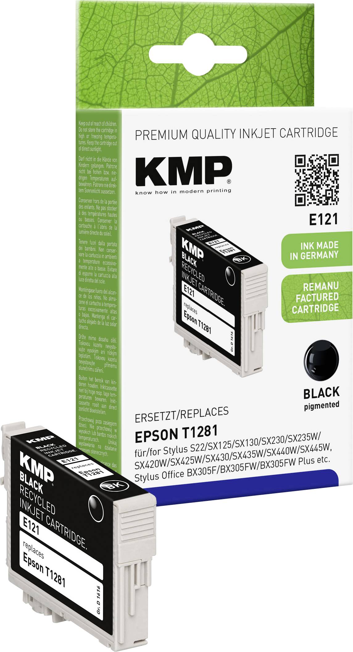 Cartouche d'encre KMP T1281 dans son emballage. Inscription 'Epson T1281' pour plusieurs modèles. Encre pigmentaire noire, fabriquée en Allemagne.