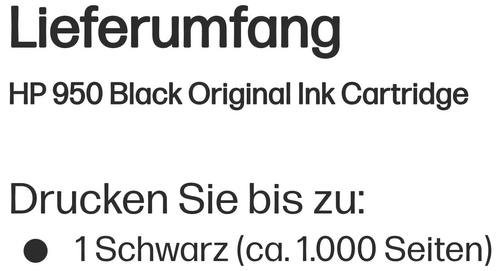 Texte en allemand énumérant le contenu de l'emballage d'une cartouche d'encre noire HP 950 d'origine et indiquant qu'elle permet d'imprimer jusqu'à 1 000 pages en noir.