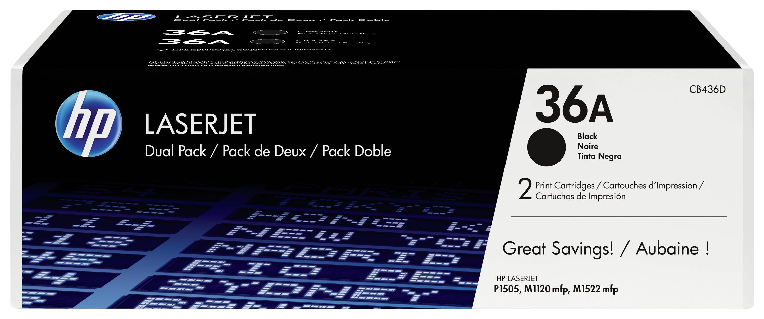 Boîte de cartouches d'impression noir HP LaserJet 36A à deux packs, portant l'étiquette « Grandes économies ! » pour HP LaserJet P1505, M1120 mfp et M1522 mfp.