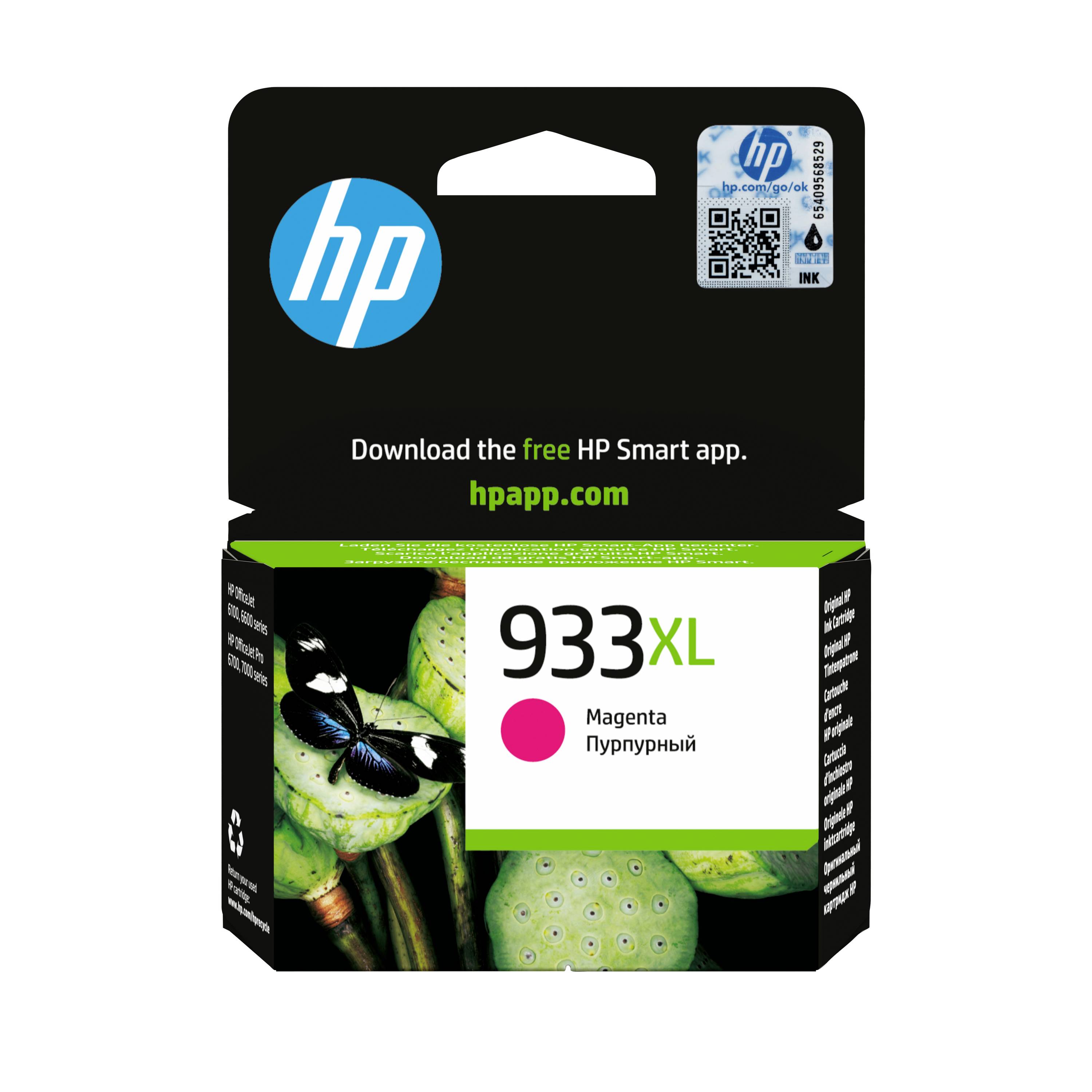 Boîte de cartouche d'encre magenta HP 933XL pour imprimante avec logo HP, code QR et mention « Téléchargez l'application HP Smart gratuite » sur l'emballage.