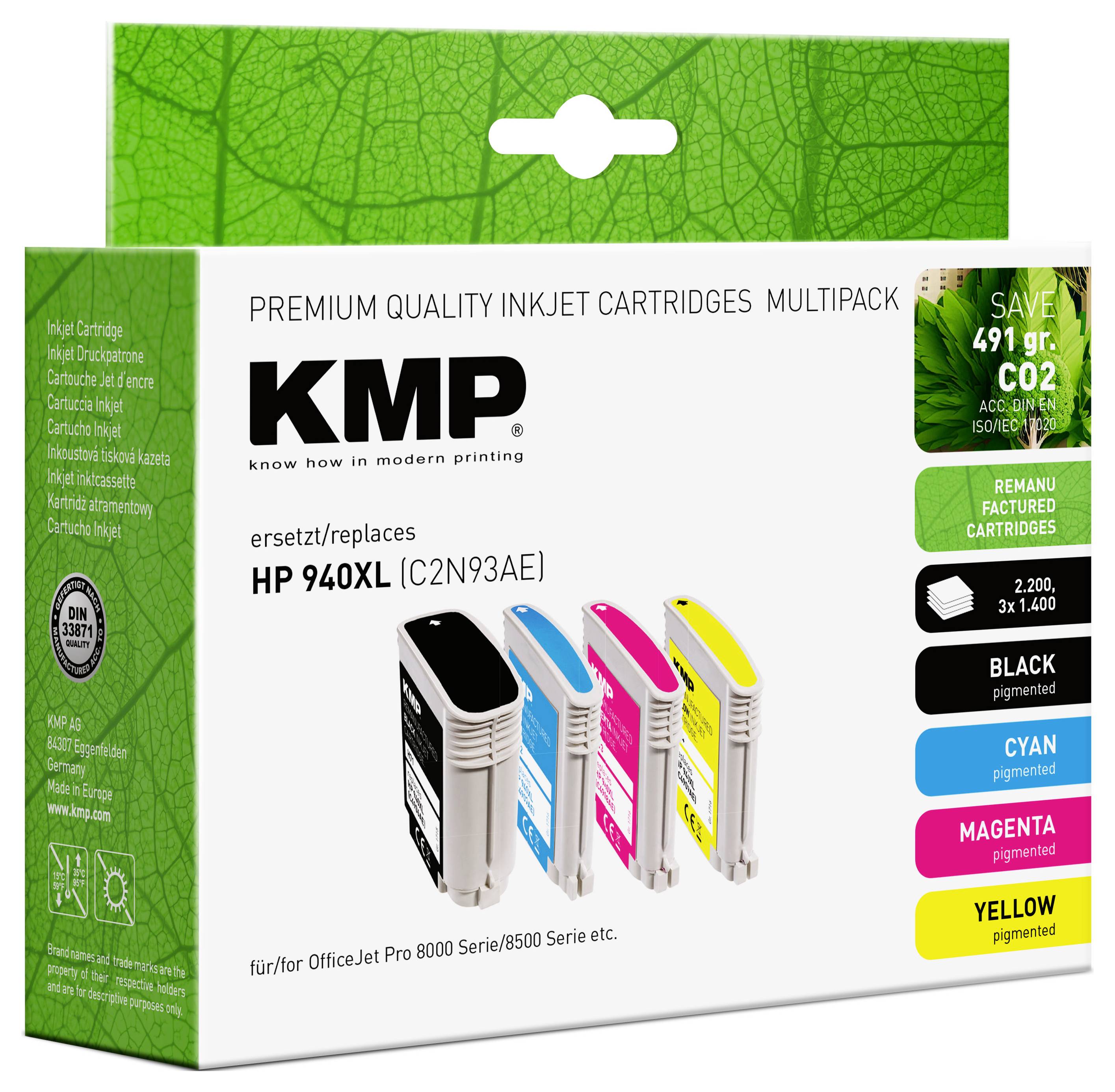 KMP Encre remplace HP 940XL, C2N93AE, C4906AE, C4907AE, C4908AE, C4909AE compatible pack bundle noir, cyan, magenta, jau-1