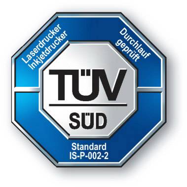 Sceau octogonal bleu et argenté de TÜV SÜD pour imprimantes laser et imprimantes à jet d'encre, testé et certifié selon la norme IS-P-002-2.