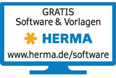 Logiciels et modèles gratuits de HERMA présentés sur un écran d'ordinateur sur www.herma.de/software.
