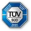 'Marque de certification bleue TÜV SÜD pour imprimantes laser. Inscription : Imprimantes laser et à jet d'encre. Norme IS-P-002-2.'
