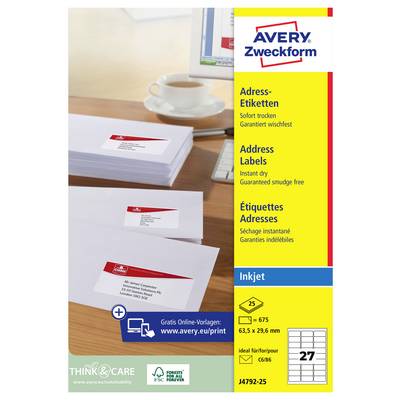 Paquet d'étiquettes d'adresse Avery Zweckform présentant des étiquettes d'adresse blanches compatibles avec l'imprimante à jet d'encre, à séchage instantané et sans bavures, avec un format d'étiquette de 63,5 x 29,6 mm et 675 étiquettes par paquet.