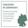 « Créé en Allemagne. Produit développé et fabriqué en Allemagne avec des matières premières provenant d'Europe » est inscrit à côté d'une carte de l'Allemagne.