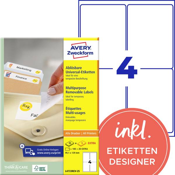 Etiquette universelles Avery-Zweckform L4733REV-25 99.1 x 139 mm papier blanc 120 pc(s) décollable