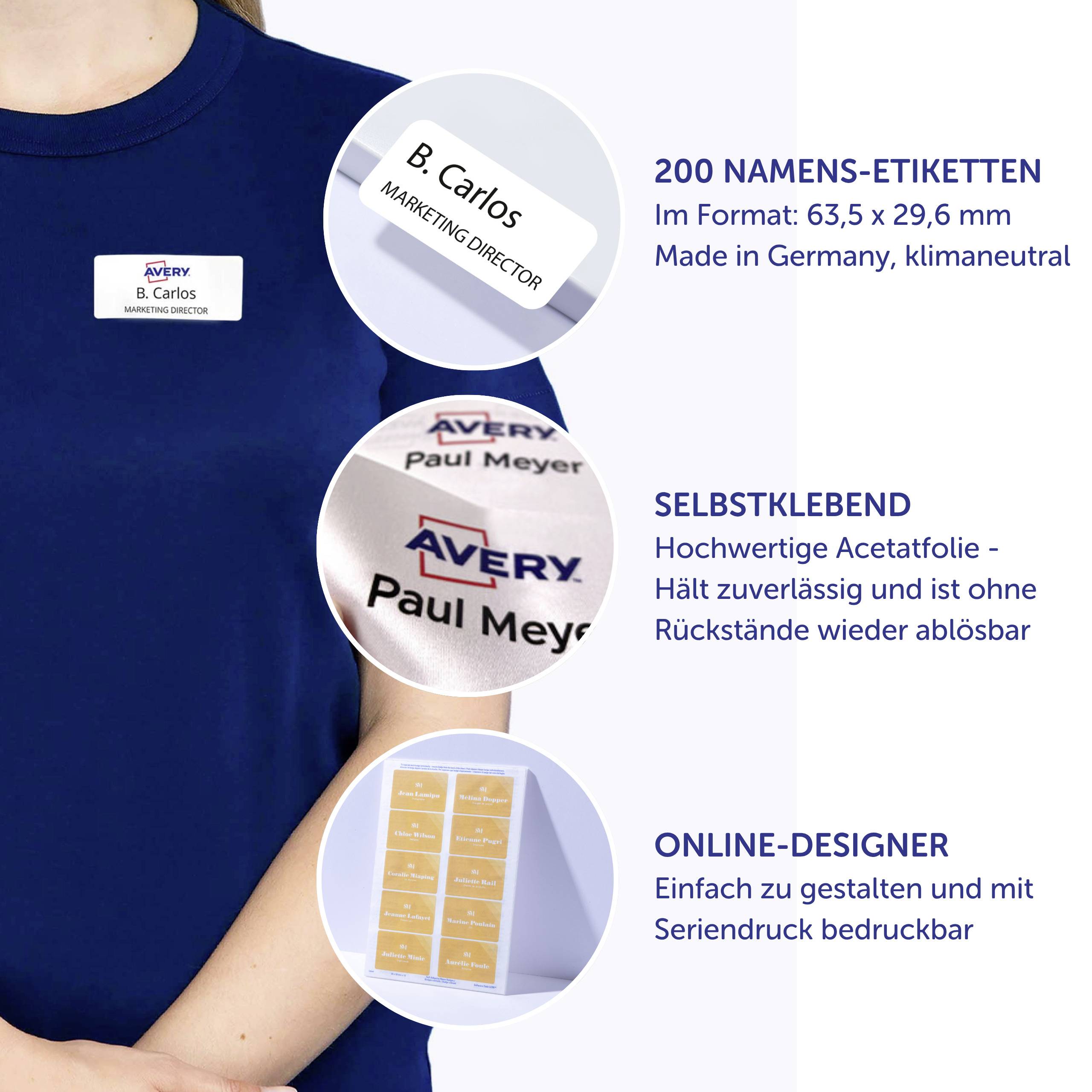 Un écran d'ordinateur affiche : 'Votre design' et 'www.avery.eu-templates'. En dessous, on peut lire 'Modèles gratuits en ligne'. Une main tient une souris.