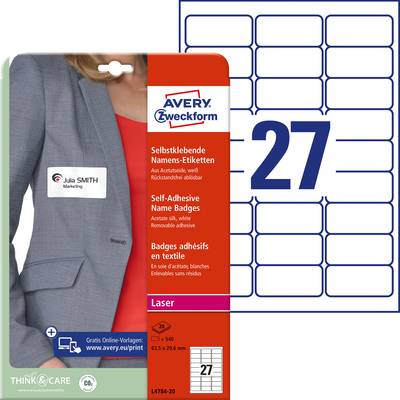 Etiquette badges, Etiquette tissus Avery-Zweckform L4784-20 63.5 x 29.6 mm acétate de cellulose blanc 540 pc(s) décollab