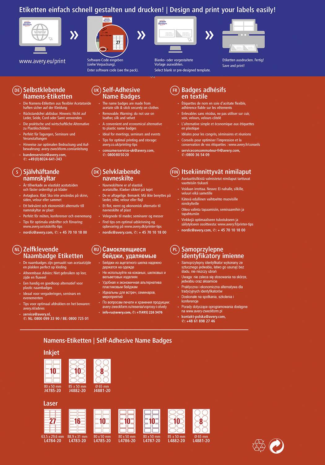 'Créez et imprimez facilement et rapidement des étiquettes !' Un assortiment varié d'étiquettes nominatives et de produits autocollants, disponibles pour différentes imprimantes et applications.