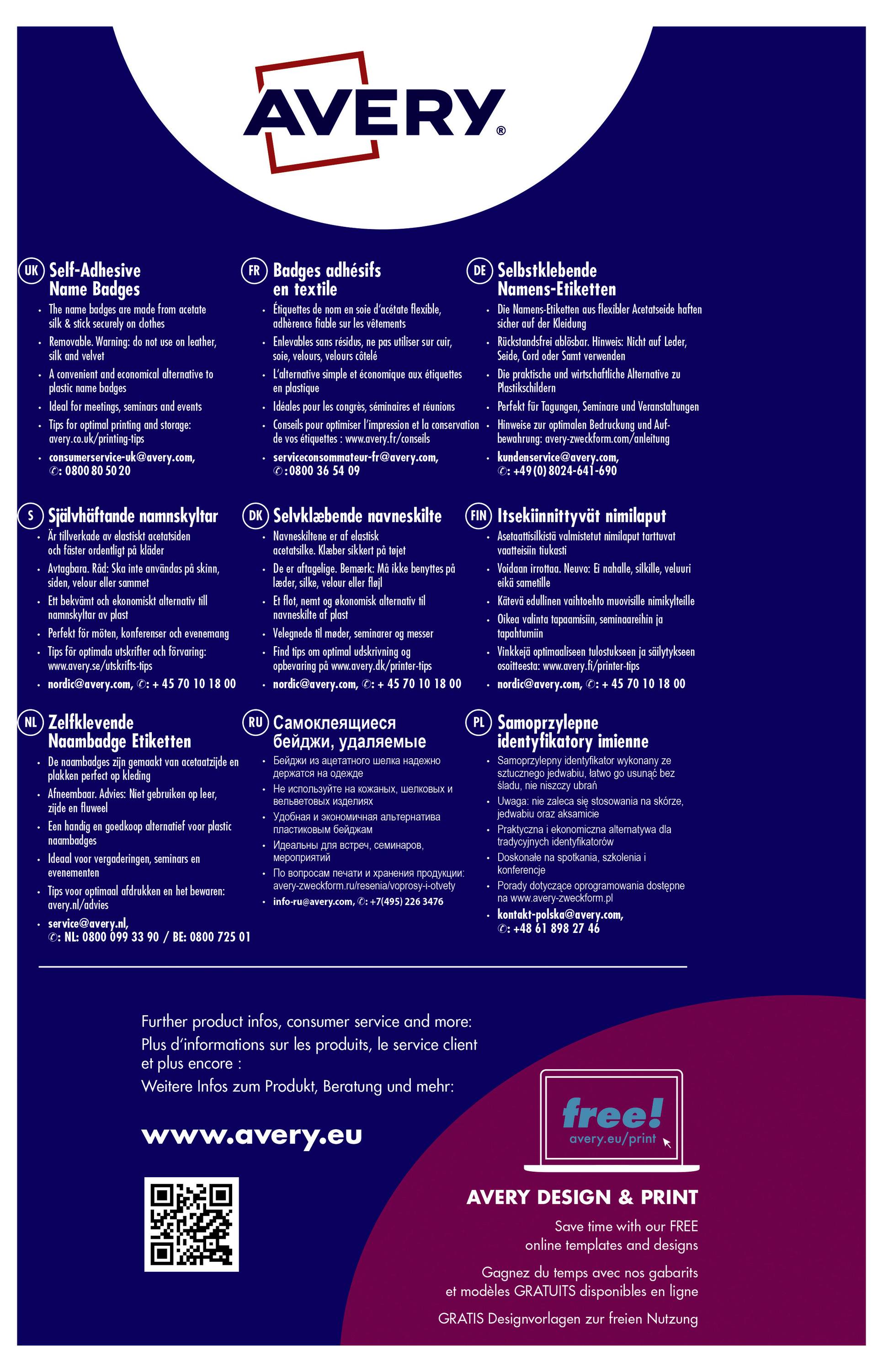 Informations produit d'Avery pour étiquettes autocollantes nominatives. Différentes langues facilitent l'explication de l'utilisation.