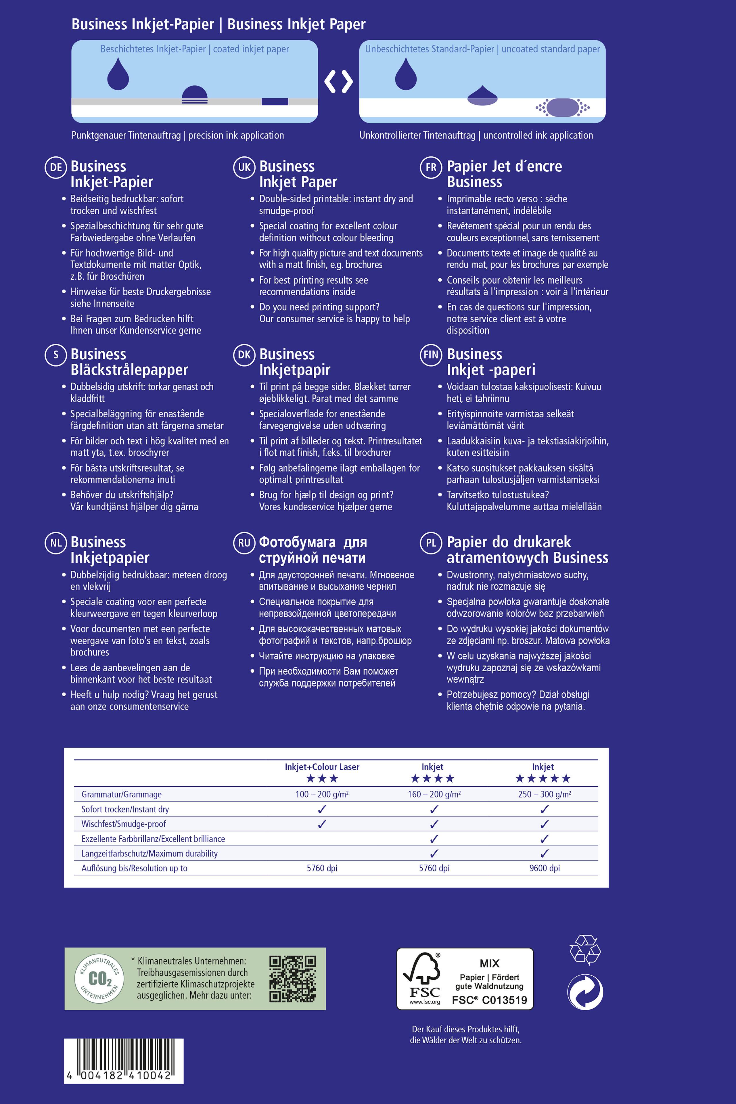 Emballage de papier jet d'encre professionnel avec des détails de produit en plusieurs langues, incluant des technologies d'impression et des labels environnementaux.