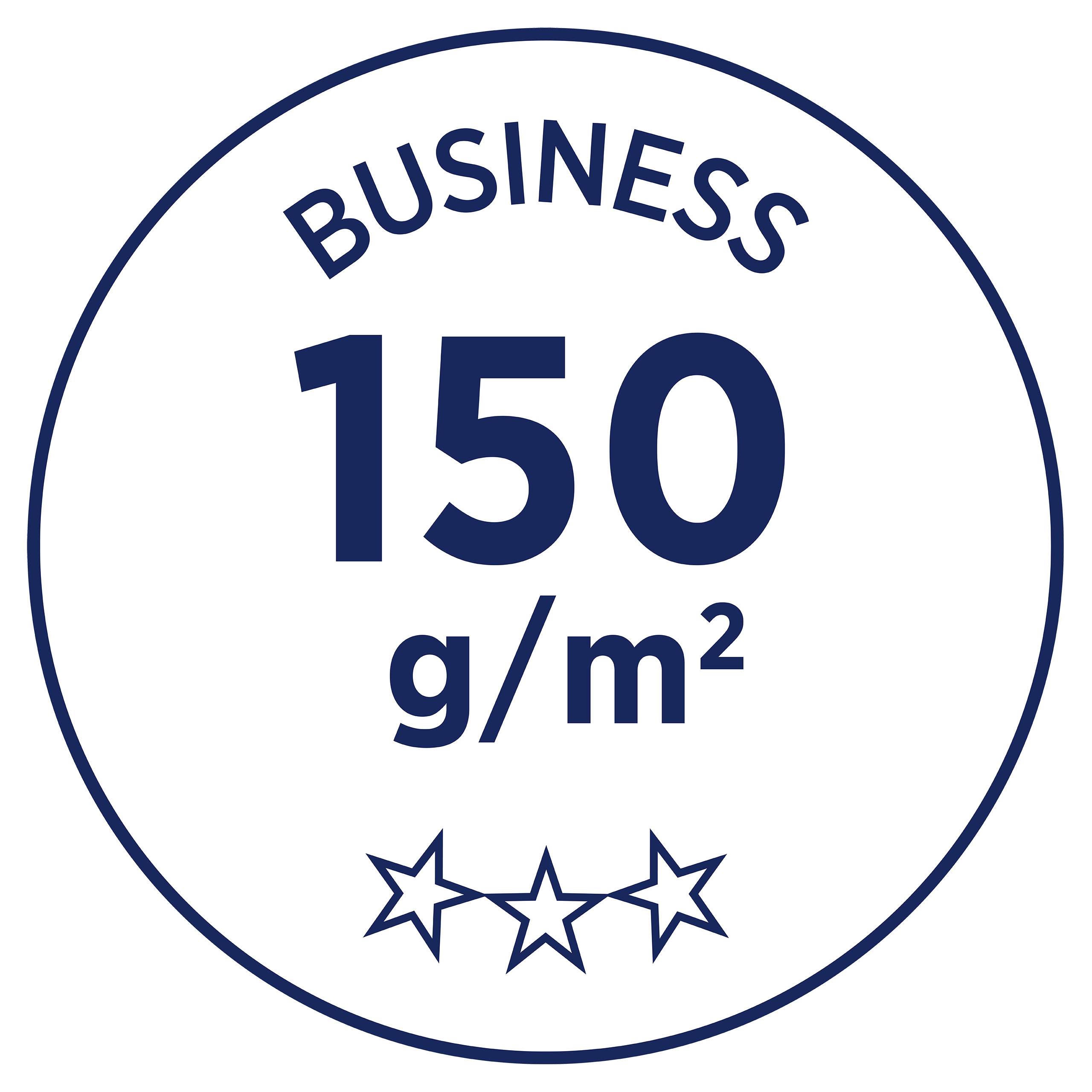 Au centre d'un cercle se trouve « Business 150 g/m² », sous lequel sont disposées trois étoiles.