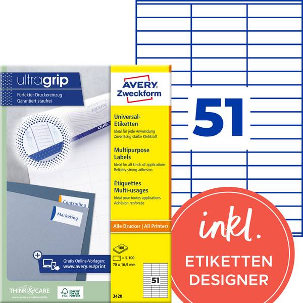 Avery-Zweckform 3420 Etiquette universelles 70 x 16.9 mm papier blanc 5100 pc(s) fixation permanente  imprimante à jet d'encre, imprimante laser, imprimante laser couleur, photocopieuse, photocopieuse couleur, inscription à main