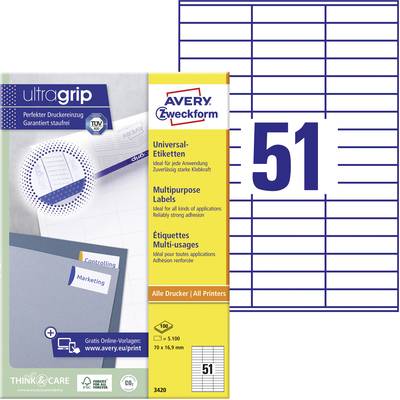 Avery-Zweckform 3420 Etiquette universelles 70 x 16.9 mm papier blanc 5100 pc(s) fixation permanente  imprimante à jet d