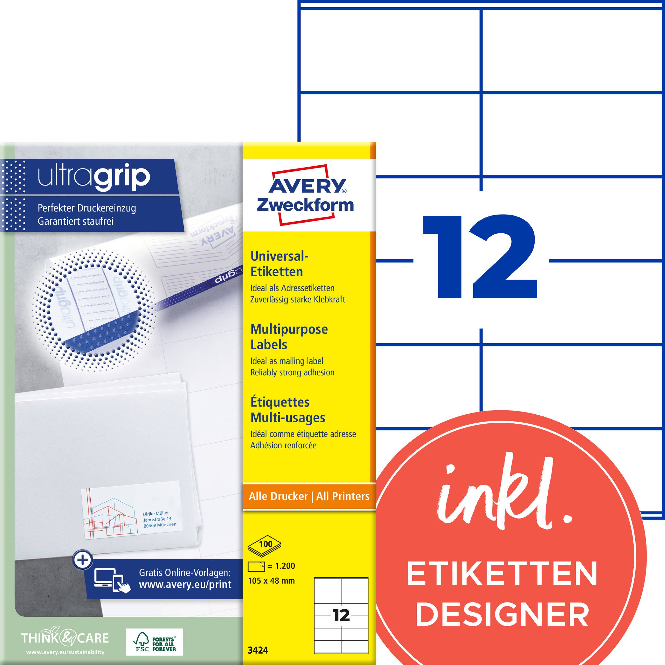 Emballage pour Étiquettes Universelles Avery Zweckform, format 105 x 48 mm, 12 étiquettes par feuille, avec promotion « incl. Concepteur d'Étiquettes ».