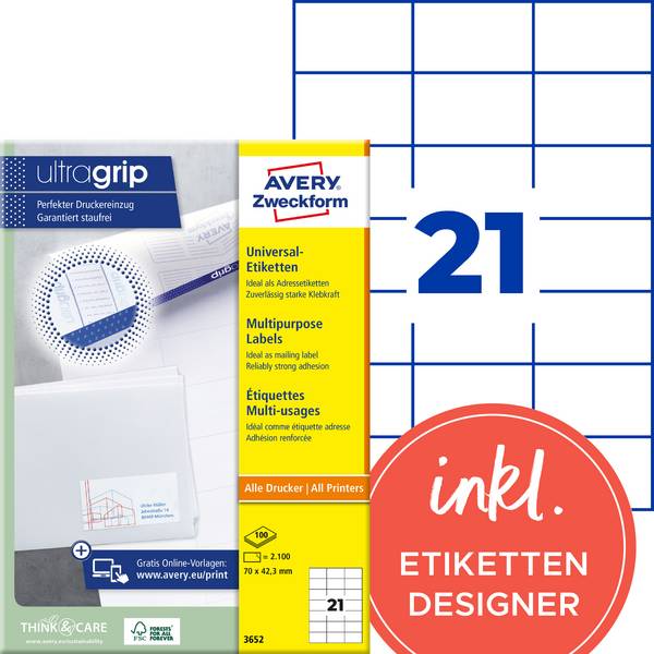 Avery-Zweckform 3652 Etiquette universelles 70 x 42.3 mm papier blanc 2100 pc(s) fixation permanente  imprimante à jet d'encre, imprimante laser, imprimante laser couleur, photocopieuse, photocopieuse couleur, inscription à main