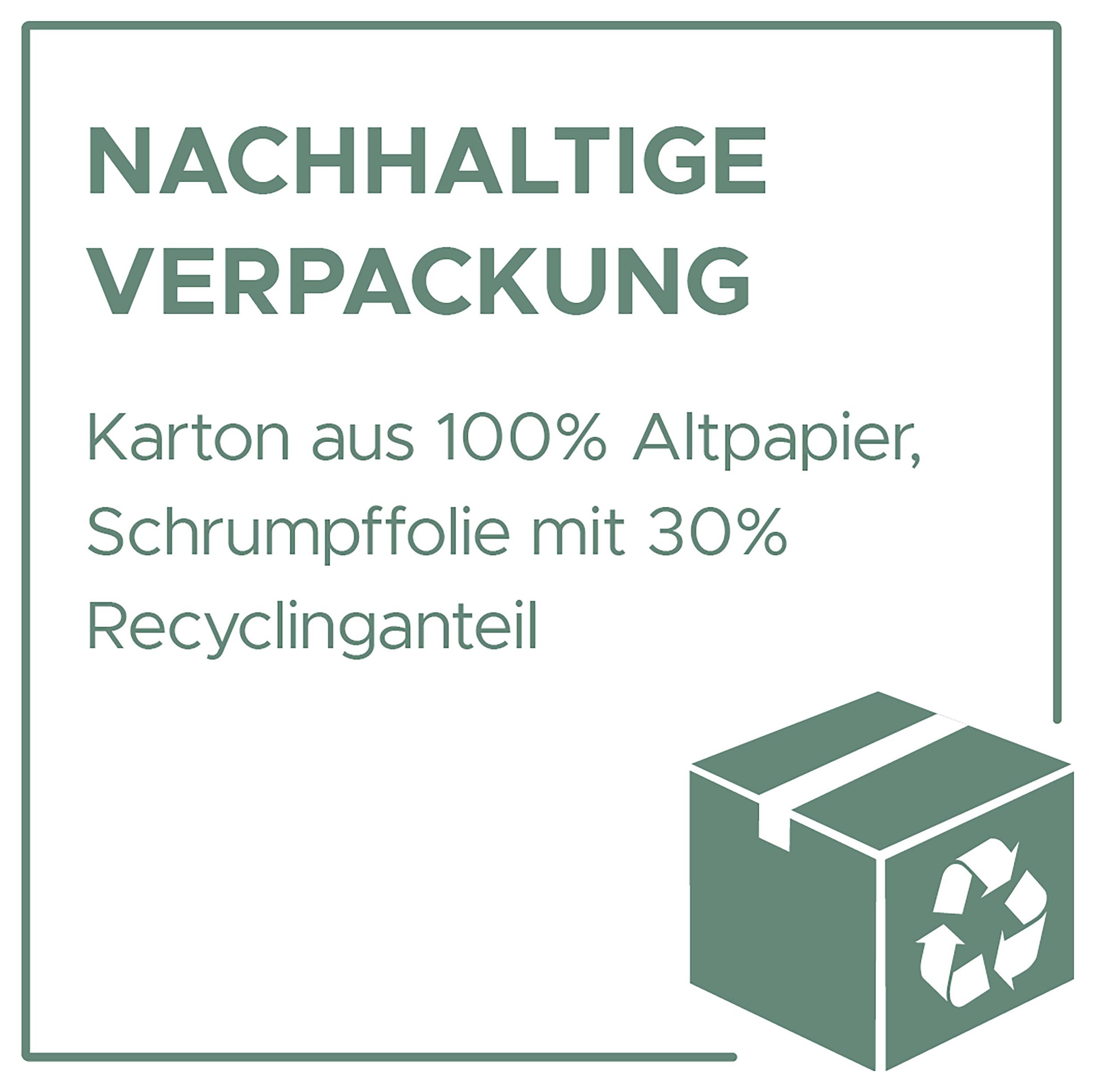Indication d'emballage durable : carton composé à 100% de papier recyclé, film rétractable contenant 30% de matière recyclée ; symbole avec boîte de recyclage.
