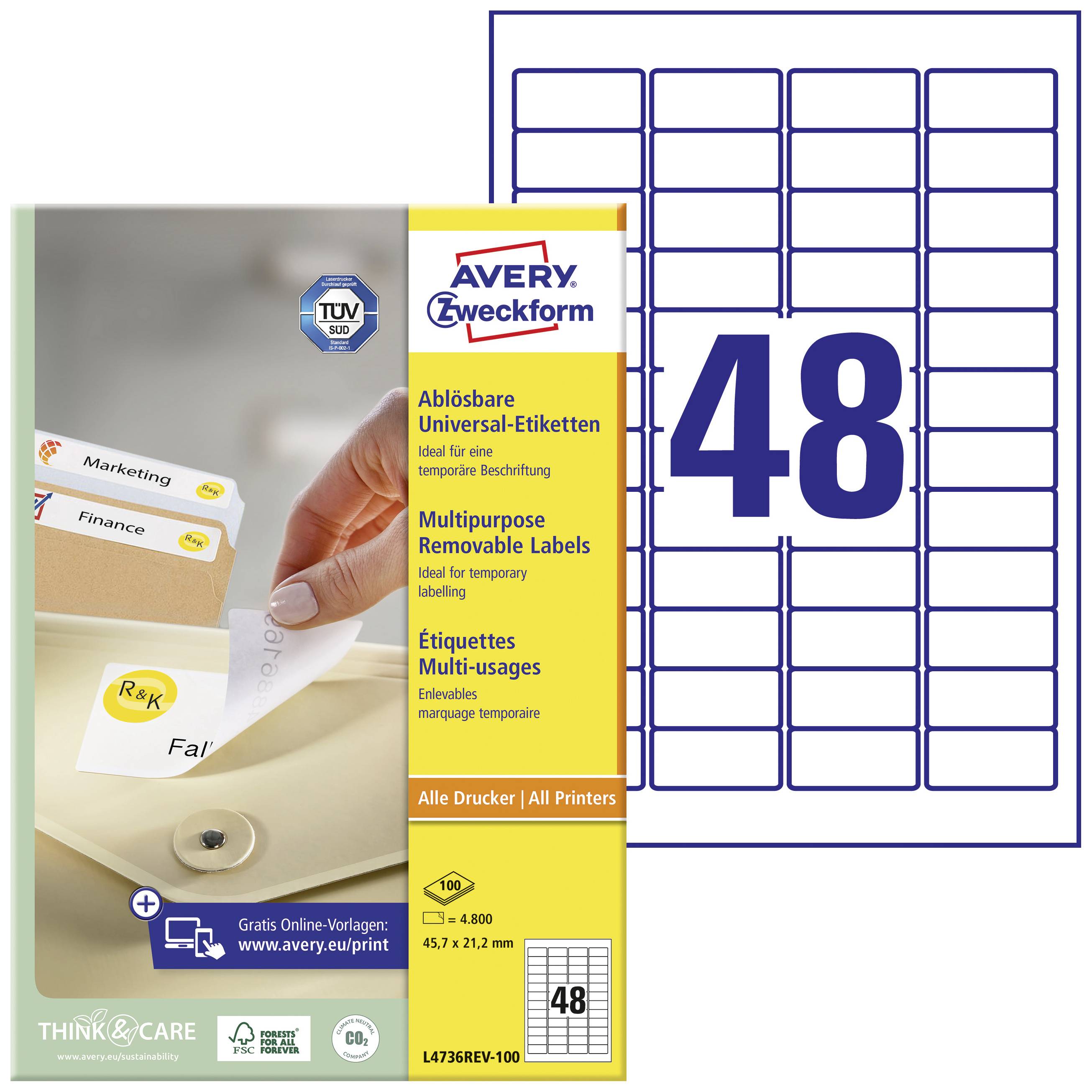 Étiquettes universelles amovibles Avery Zweckform, idéales pour un étiquetage temporaire, 48 étiquettes par feuille, compatibles avec toutes les imprimantes.