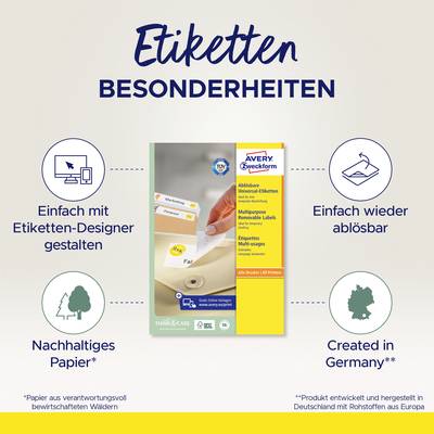 Caractéristiques des étiquettes avec quatre atouts : Simple avec le concepteur d'étiquettes, Papier durable, Facilement repositionnable, Fabriqué en Allemagne.
