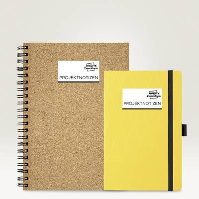 Deux carnets de notes avec des étiquettes 'Notes de projet'. Un avec une couverture en liège, l'autre jaune avec un élastique noir.
