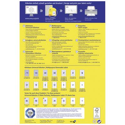 Poster présente différents types d'étiquettes Avery pour diverses applications. Il propose un aperçu des étiquettes universelles et amovibles avec leurs numéros de produit, formats et quantité par paquet.