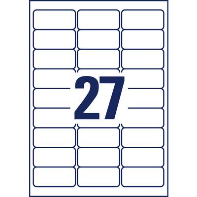 Une feuille d'étiquettes blanche avec une bordure bleue affiche le chiffre '27' au centre. La feuille contient 27 étiquettes disposées dessus.
