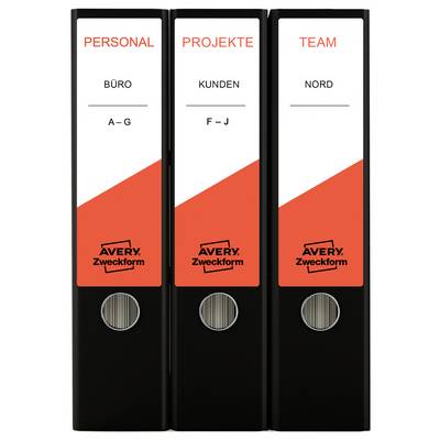 Trois classeurs noirs avec des étiquettes rouges : « PERSONNEL » Bureau A–G, « PROJETS » Clients F–J et « ÉQUIPE » Nord, chacun avec le logo Avery Zweckform.