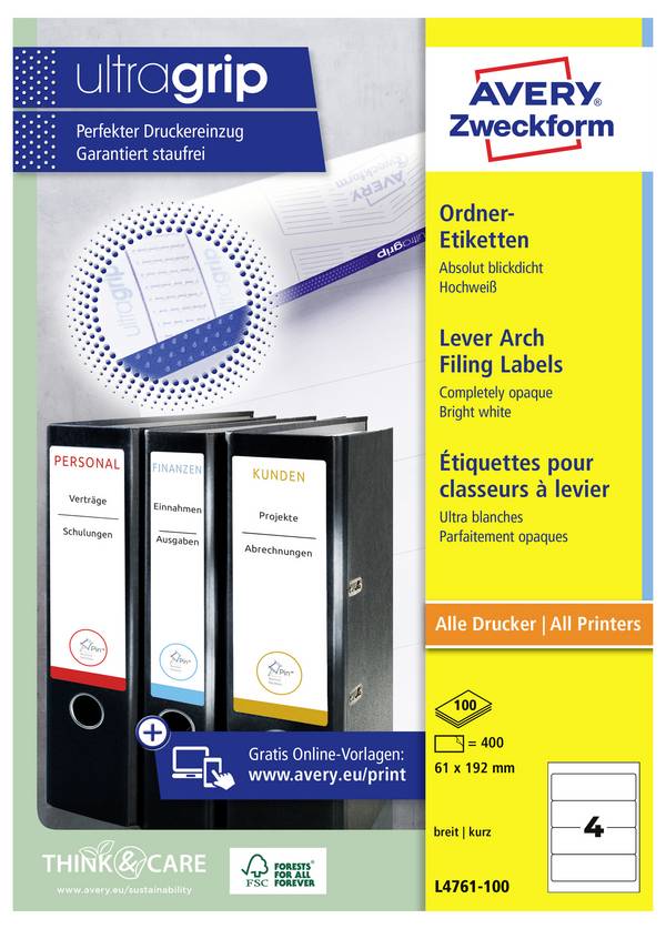 Avery-Zweckform Etiquette pour classeur L4761-100 61 x 192 mm papier blanc fixation permanente  400 pc(s)