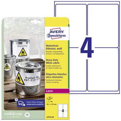 Etiquette plastique Avery-Zweckform L4774-20 99.1 x 139 mm film de polyester blanc 80 pc(s) fixation permanente 