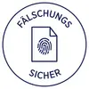Empreinte digitale sur un document, encadrée par un cercle. Au-dessus est écrit 'Infalsifiable'. Symbole de sécurité et d'authenticité.