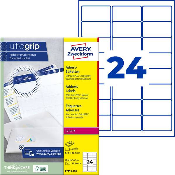 Avery-Zweckform L7159-100 Etiquette pour adresse 63.5 x 33.9 mm papier blanc 2400 pc(s) fixation permanente  imprimante à jet d'encre, imprimante laser, imprimante laser couleur, photocopieuse, photocopieuse couleur, inscription à main