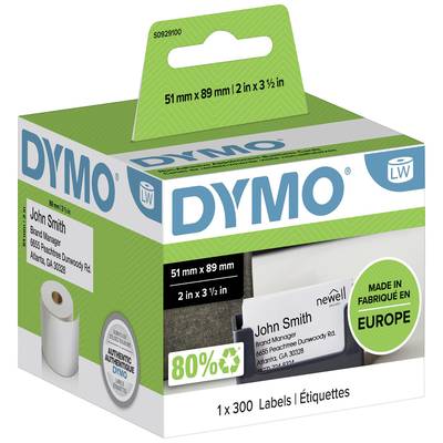 Boîte d'étiquettes DYMO. Contient 300 étiquettes, dimensions 51 mm x 89 mm. Le produit est fabriqué à 80 % à partir de matériaux recyclés et produit en Europe.
