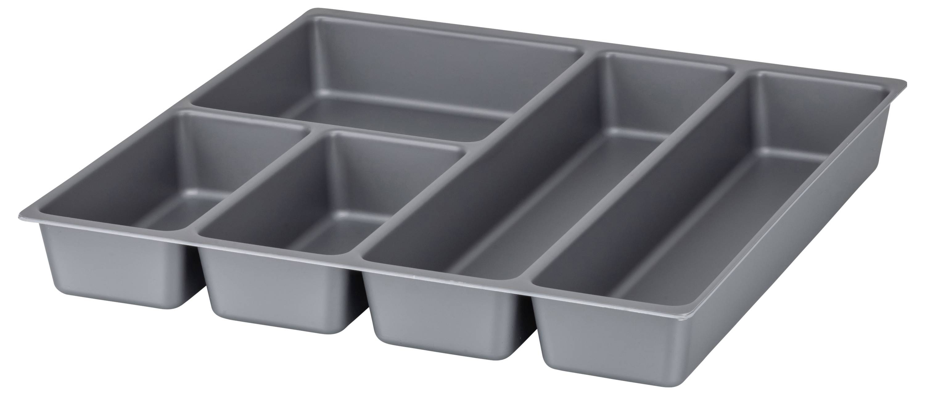 Un plateau de cuisson rectangulaire gris avec six compartiments différents, adapté pour la cuisson simultanée de plusieurs pains ou gâteaux.