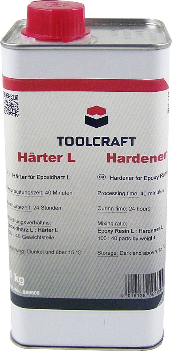 Un bidon de durcisseur Toolcraft L pour résine époxy. L'étiquette indique un rapport de mélange de 100:40, un temps de travail de 40 minutes et un temps de durcissement de 24 heures.