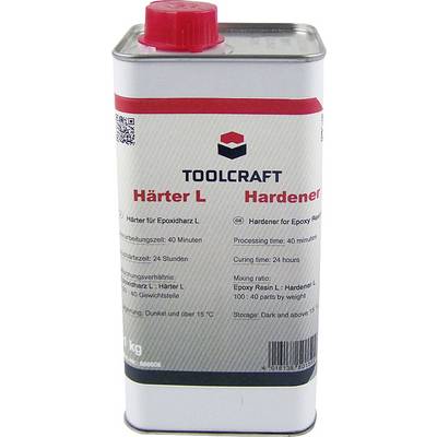Un bidon de durcisseur Toolcraft L pour résine époxy. L'étiquette indique un rapport de mélange de 100:40, un temps de travail de 40 minutes et un temps de durcissement de 24 heures.