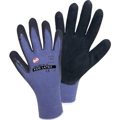 Une paire de gants de travail bleus et noirs en éco-latex, avec des tampons de certification et des marquages imprimés sur le dos de la main.