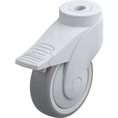 Une roulette pivotante en plastique grise avec frein, adaptée aux meubles ou aux appareils, sur un fond clair.