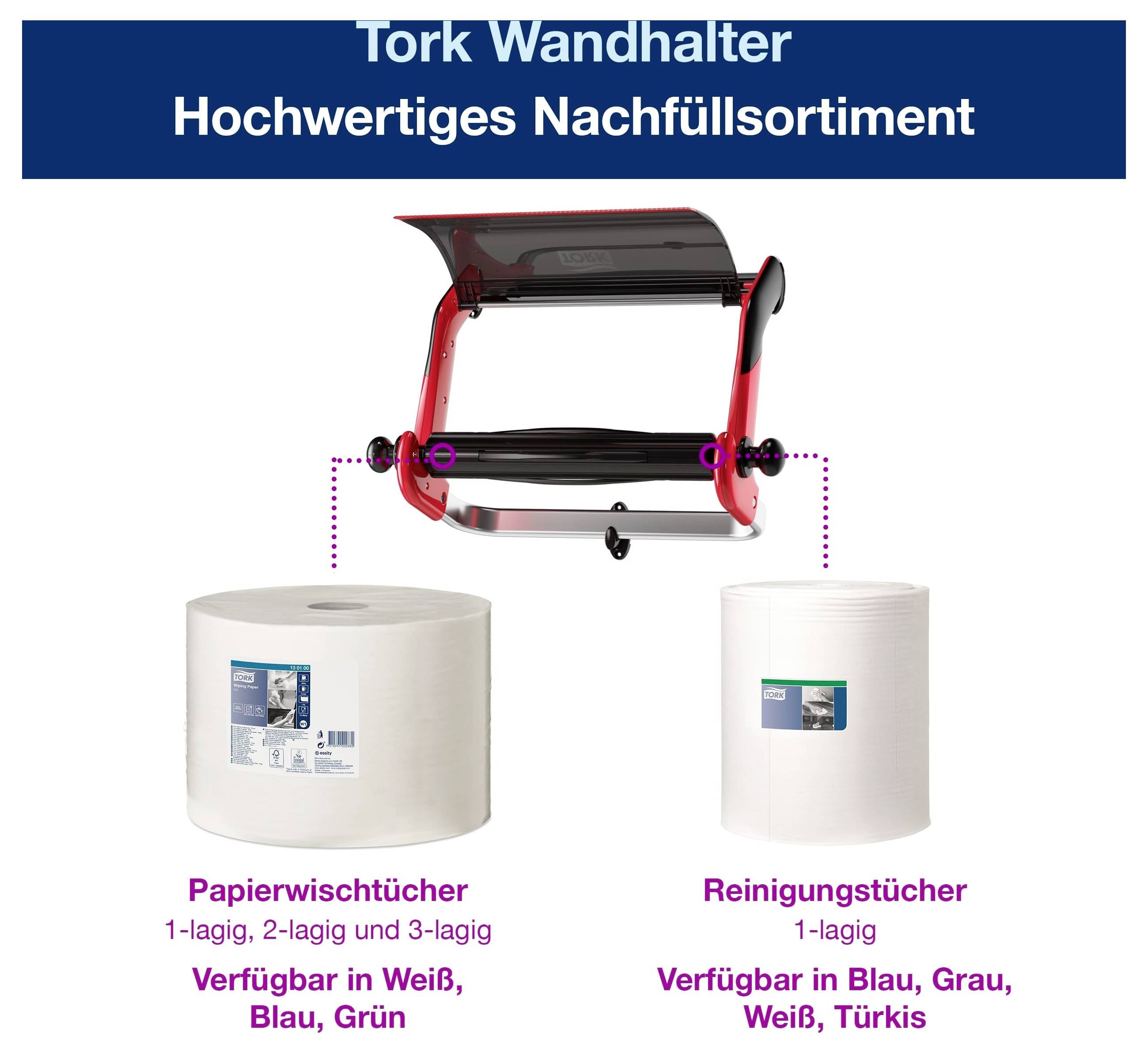Support mural Tork pour recharge avec essuie-tout et lingettes de nettoyage ; disponible en différentes couleurs et épaisseurs.