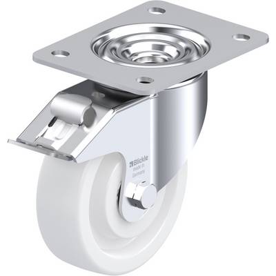 Un support de roulette en métal avec une roue de roulement blanche, utilisé pour des meubles ou des appareils.