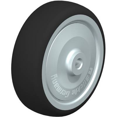 Une roue noire unique avec une jante argentée.