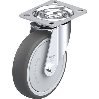 Roulette pivotante avec roue grise et socle en métal. Convient pour meubles ou appareils. Nom de marque visible sur la partie métallique.