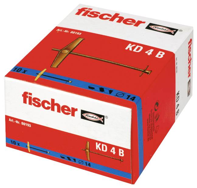 Fischer KD 4 B boîte de 10 chevilles murales en métal, emballage rouge et blanc avec image du produit et marquage 'Ø14'.