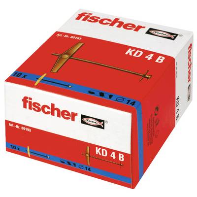 Fischer KD 4 B boîte de 10 chevilles murales en métal, emballage rouge et blanc avec image du produit et marquage 'Ø14'.