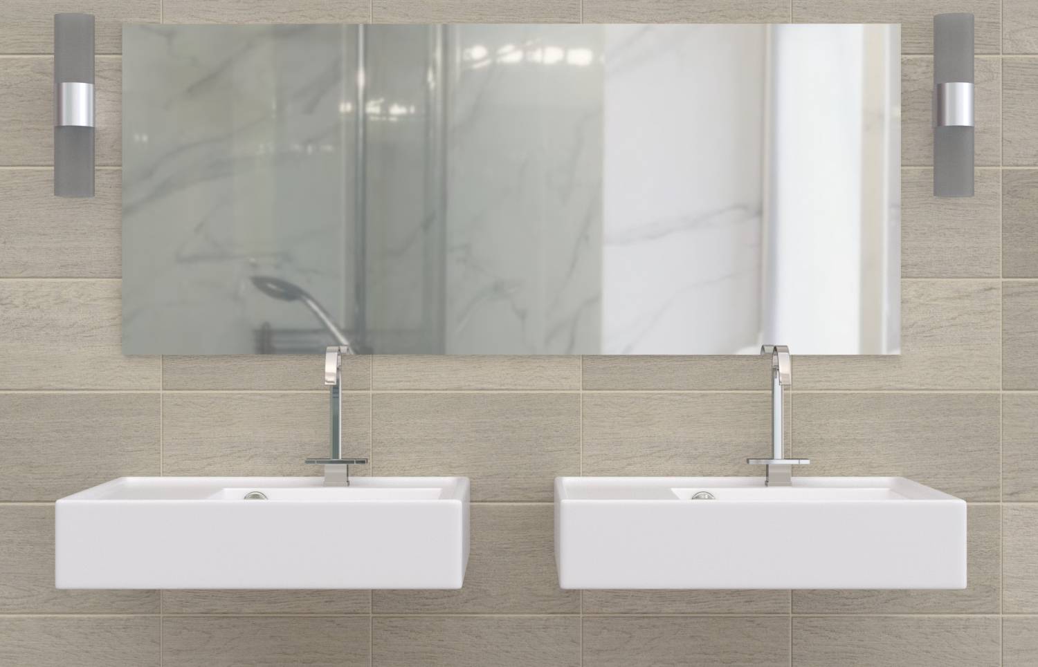 Deux lavabos blancs de salle de bain fixés au mur avec des robinetteries hautes situés sous un grand miroir et encadrés par des appliques murales.