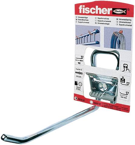 Paquet de cheville murale universelle Fischer avec crochet métallique attaché, présenté comme produit de détail sur fond blanc.