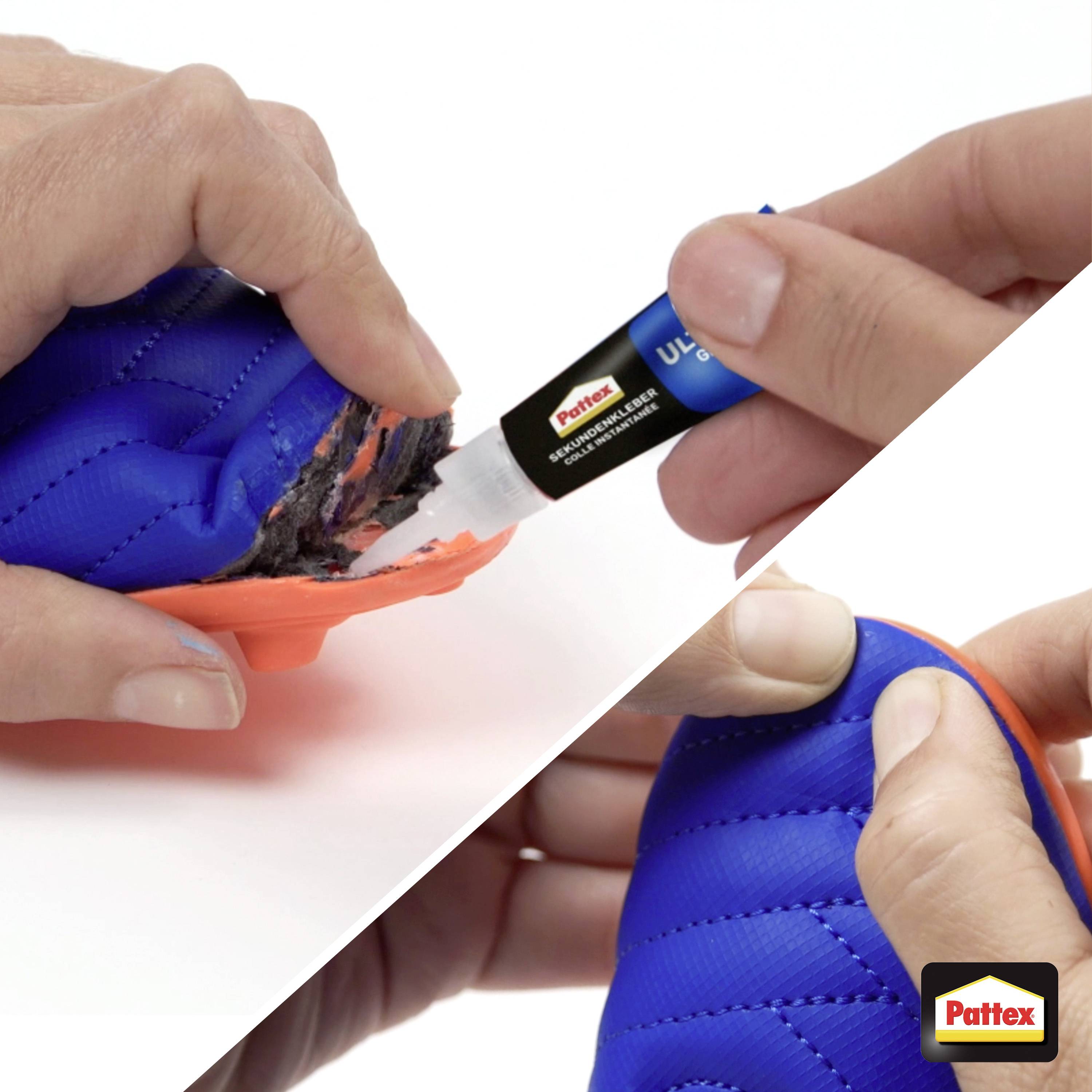 Deux mains appliquant de la colle Pattex pour réparer une semelle de chaussure bleue fendue. Le logo de la marque est visible sur le tube d'adhésif.