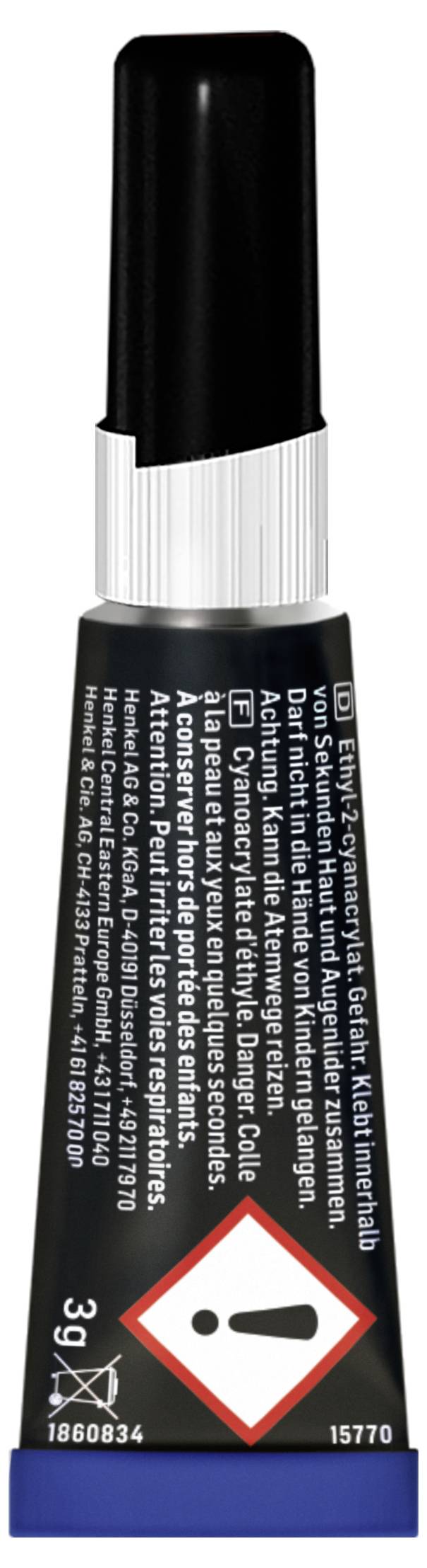 Un tube de colle adhésive avec un capuchon noir, portant une étiquette d'avertissement affichant un symbole de danger et un texte de mise en garde en plusieurs langues.