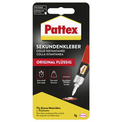 Emballage pour Pattex 'Original Liquide' super colle. Caractéristiques incluant 'extra rapide', 'extra fort', 'film adhésif invisible'. Contient 3g.