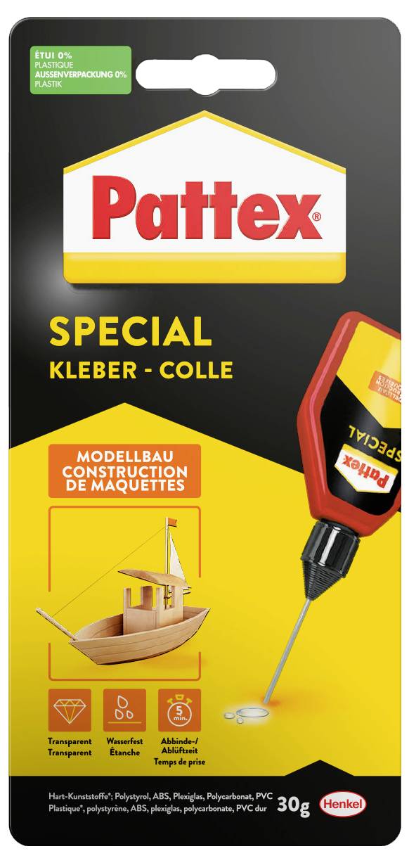Emballage de colle 'Pattex Spécial' présentant un récipient rouge et jaune, conçu pour la construction de maquettes. Illustré avec un modèle de bateau en plastique et des images d'application de colle.